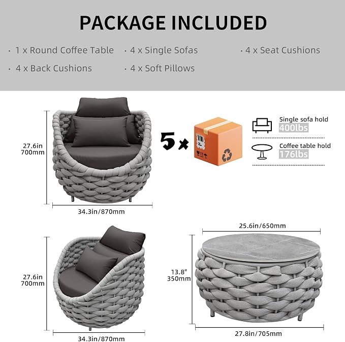 TWT Aluminum Outdoor Patio Furniture Set, 4 Textilene Armchairs Modern Outdoor Conversation Set Outdoor Single Sofa with Upgrade Cushion and Coffee Table for Balcony,Light Grey