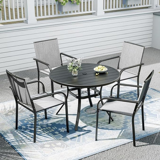 Outdoor Dining Table with 4 Stackable Chairs,41" Round Patio Table with Adjustable Umbrella Hole,Stable Patio Dining Set for Home or Outside