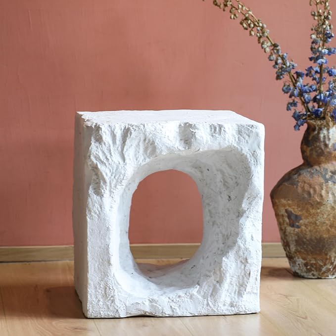 Christopher Knight Home Nataly 17.85" H Small Outdoor Side Table, Cubic Carved Garden Stool with Swirl Patterns, Lightweight Concrete End Table, Patio Decorative Home Stool for Balcony Backyard, White