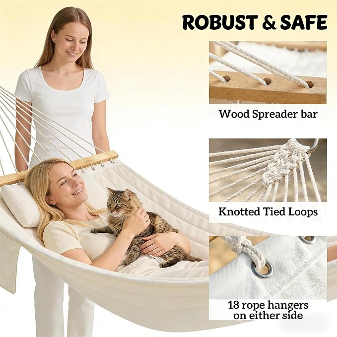 11FT Hammock Without Stand for Outside, Large Patio Hammock with Removable Headrest & Side Pocket, Two Person Hammock with Spreader Bars for Garden, Balconies, 440LBS Capacity (Cream White)