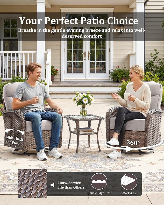 5-Piece Luxury Patio Furniture Set with 6-Inch Thick Cushions, High-Back Outdoor Swivel Rocker Chairs and Table, All-Weather Conversation Set for Porch, Deck, Balcony or Backyard – Beige