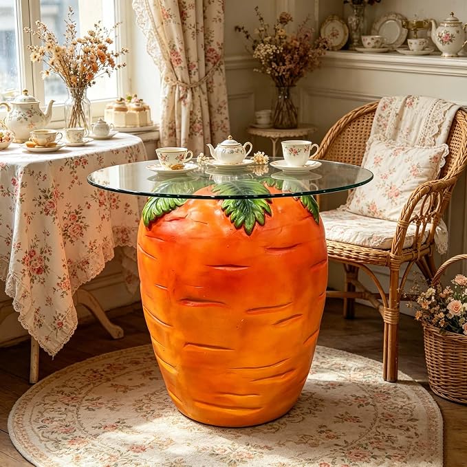 Carrot Shaped Side Table with Glass Top Resin Fruit Stool Novelty End Table for Living Room Bedroom Patio Garden, Outdoor Indoor Accent Table