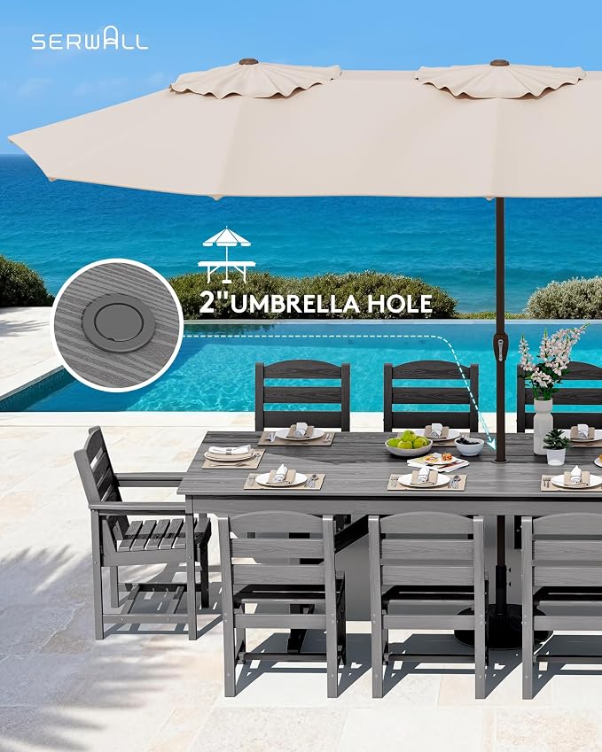 SERWALL 10 Piece Outdoor Dining Set with 15ft Triple-Head Foldable Umbrella(Based not Included), 84" HDPE Outdoor Table and Armless Chairs Set for 8, Gray