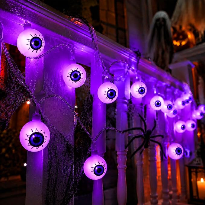 Crazy Night Halloween String Lights 10Ft 20 LEDs Battery Operated Purple Eyeball Lights Halloween Decorations Outdoor Indoor Party Decor