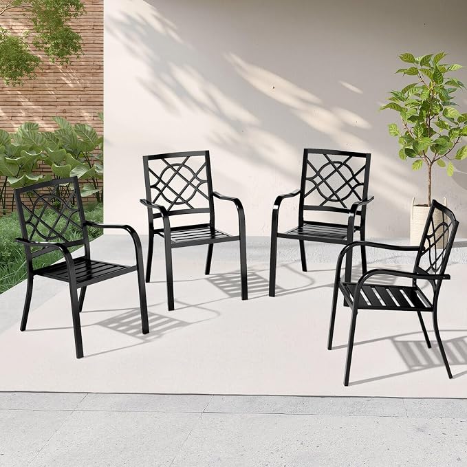 Oakcloud 4 Pieces Patio Wrought Iron Chairs, Metal Outdoor Dining Set, Stackable Bistro Chairs with Armrest for Garden Backyard, 300 LBs, Black