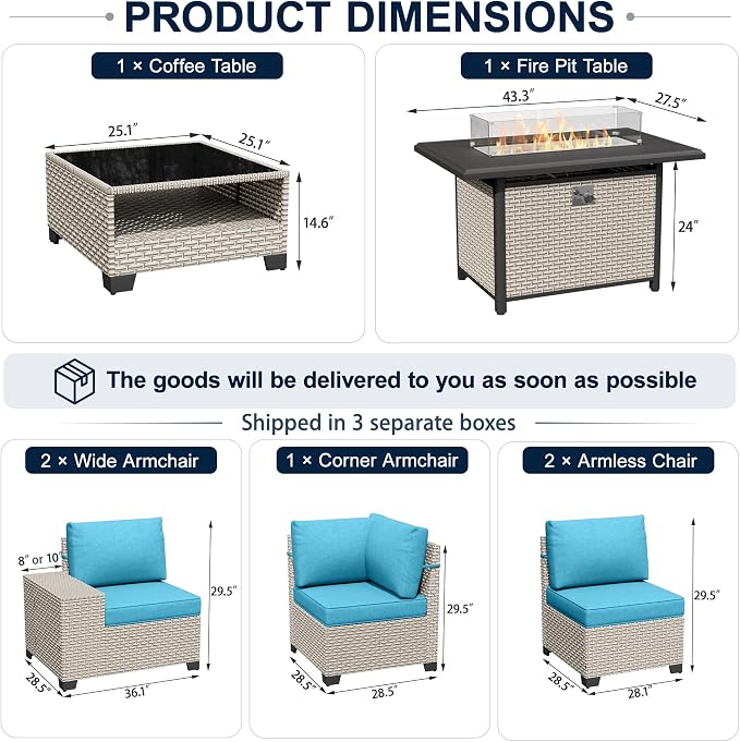7-Piece Outdoor Patio Furniture Set with Fire Pit, Modular Sectional Sofa Set with Glass Coffee Table and Cushions, Wicker Outdoor Couch Conversation Sets, Turquoise