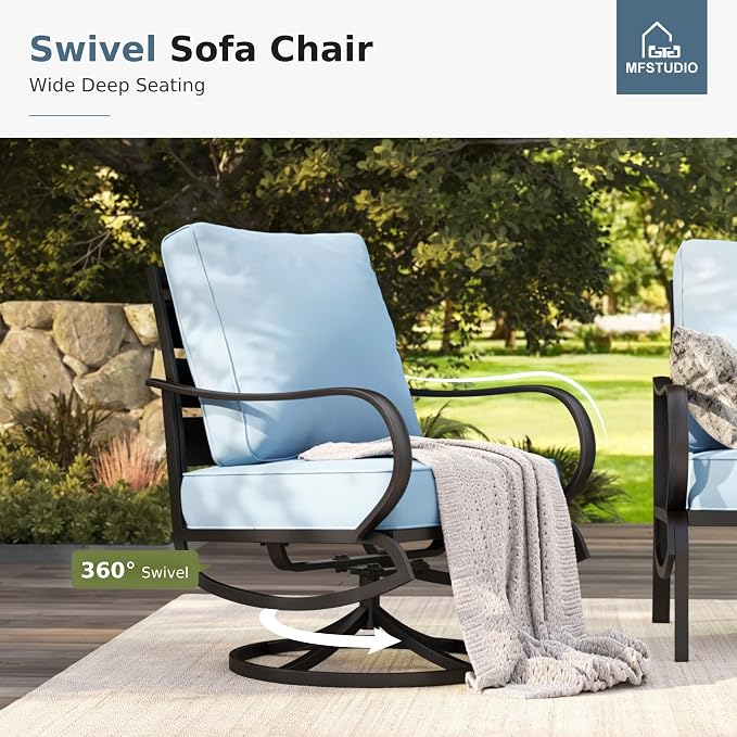 MFSTUDIO 5 Pieces Patio Conversation Sets, Outdoor Metal Furniture Sofas with 1 x 28 50,000 BTU Square Propane Fire Table and 4 x Wrought Iron Frame Swivel Chairs with Blue Cushion