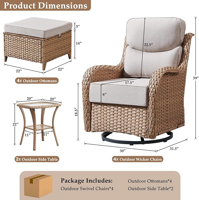 10-Piece Luxury Patio Furniture Set with 6-Inch Thick Cushions, High-Back Outdoor 4 Swivel Rocking Chairs with Wicker Side Table, All-Weather Conversation Set for Porch, Deck, Yard – Yellow/Beige
