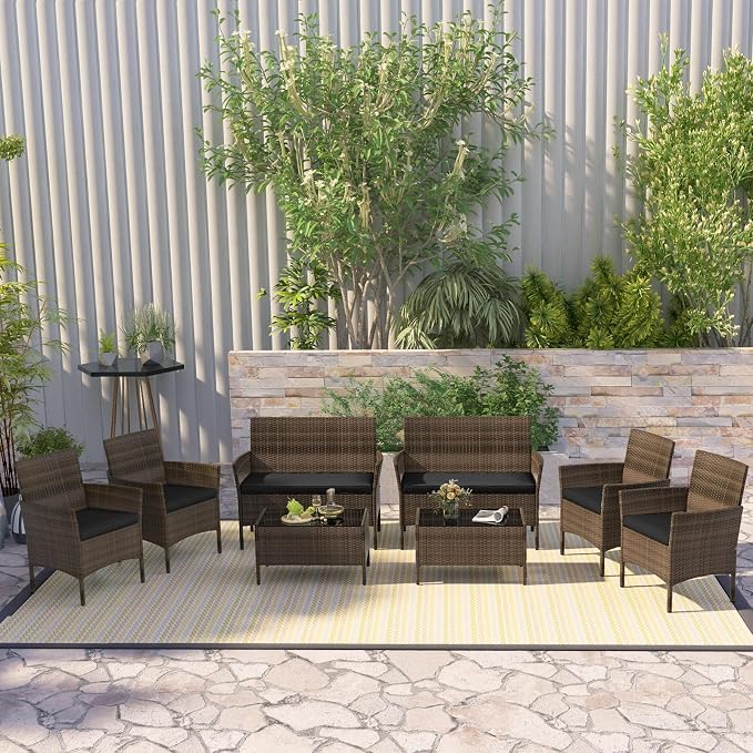 RELAX4LIFE 8-Piece Patio Furniture Set - Rattan Outdoor Conversation Bistro Set w/Cushions, Glass Coffee Table, Wicker Chairs & Loveseat for Garden Backyard Porch, Balcony Furniture Set (2, Black)