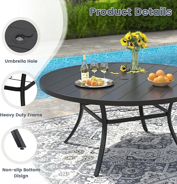 VICLLAX 7 Pieces Patio Outdoor Dining Set, 50" Round Metal Table with Umbrella Hole and 6 Stackable Textilene Chairs for Lawn, Garden, Porch, Black/Dark Blue