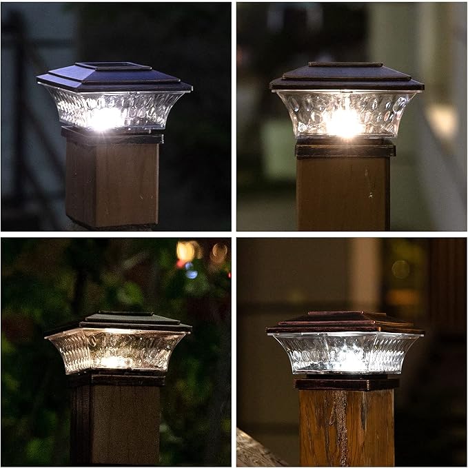 HUYIENO Solar Post Cap Lights Outdoor LED Lighting Deck Fence With Two Light Modes Warm White/Bright White Suitable for 4x4 Wooden Posts Brushed Copper 6PK