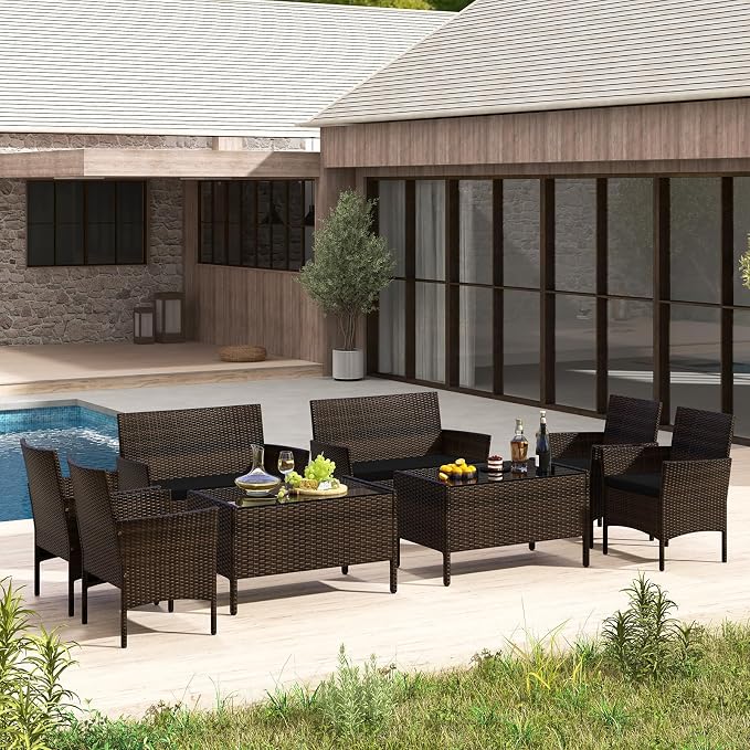 Tangkula 8 Piece Patio Rattan Conversation Set, Outdoor Wicker Furniture Set with Chair, Loveseat & Tempered Glass Table, Cozy Seat Cushions, Outside Sectional Sofa Set for Backyard, Porch (1,Black)