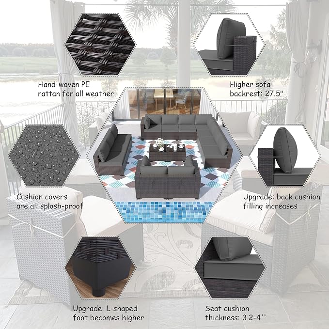 ALAULM 14 Pieces Patio Furniture Set Wicker Patio Conversation Set, Outdoor Sectional Furniture w/Coffee Table & Washable Seat Cushions-Grey