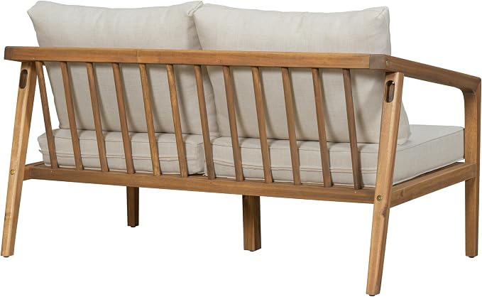 Merax 1 Piece Patio Outdoor Furniture Set, All-Weather Acacia Wood Lovesear Sofa w/Coushions for Porch, Lawn, Backyard, Balcony Teak+ Beige