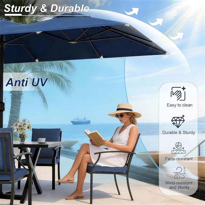 Patio Dining Set for 8 with 13.6ft Double-Sided Patio Umbrella,Outdoor Dining Set of 4 Metal Chairs and 2 Swivel Chairs with Umbrella Hole Table for Backyard,Garden,and Poolside(Navy)