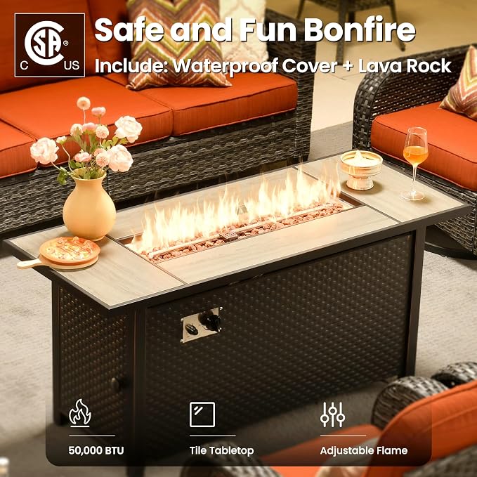 ovios 9 Pieces Patio Furniture Set, Outdoor Wicker Sofa Couch with Swivel Glider Chairs Fire Pit Table, Modern Deep Seat Rattan Conversation Sets for Deck Porch, Orange Red