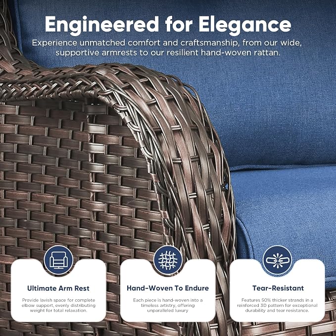 Belord 4 Piece Patio Wicker Furniture Set, Outdoor Swivel Rocker Chairs, All Weather Outdoor Patio Couch with Fire Pit Table for Deck Porch, Brown Wicker/Blue