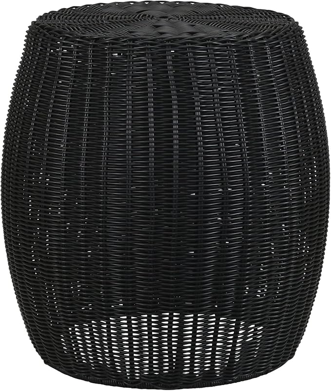 Household Essentials Round Handwoven Resin Barrel Side Table, Black Finish