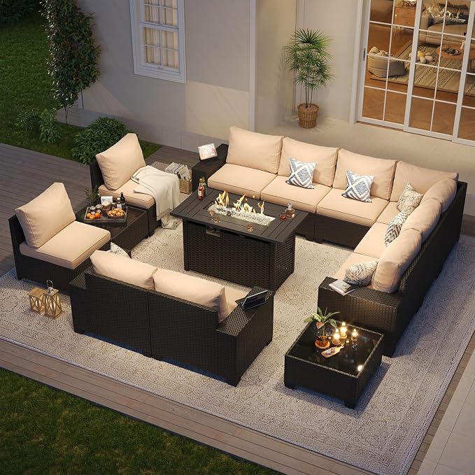 Aoxun Patio Furniture Sets with 44'' Fire Pit, 13 Pcs Outdoor Patio Coversation Set with 4in Thicken Cushion, Widen Armrests Wicker Outdoor Sectional for Backyard, Beige