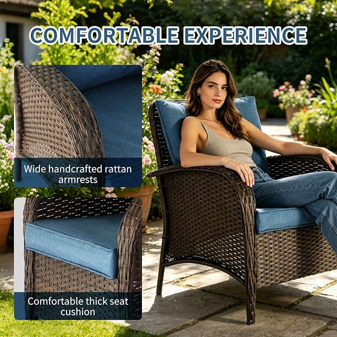 Outdoor Swivel Rocker Patio Chairs (Brown Wicker/Blue Cushion, 6PC/Sofa & Chair &Coffee Table & Ottomans)
