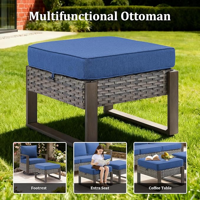 Patio Furniture Set with Fire Pit Table, 6-Piece Outdoor Wicker Sofa and Swivel Chairs, All-Weather Conversation Set for Backyard, Deck and Poolside, Grey/Blue