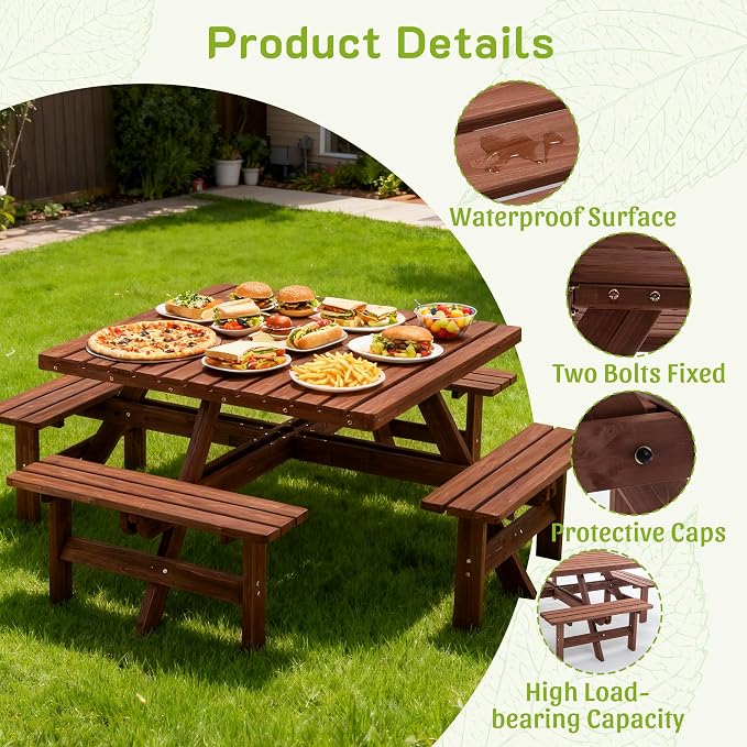8 Person Square Picnic Table, Outdoor Picnic Table with 4 Built in Benches, Umbrella Hole, Outside Wood Dining Table Set for Patio, Backyard, Garden, Porch, 2220lb Capacity - Brown