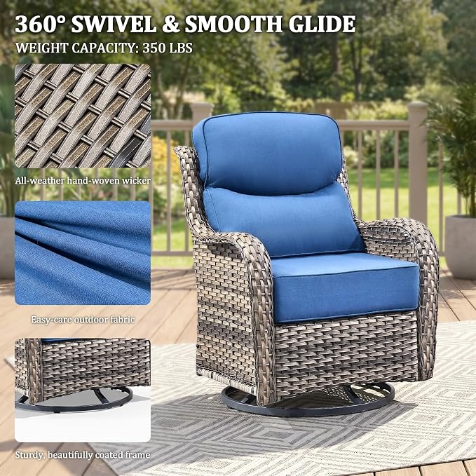 Luxury Swivel Rocker Chairs Fire Pit Set with 6" Thick Cushion 7 piece Wicker Outdoor Patio Chair with Sofa and Ottoman,Comfortable High Back Outdoor Patio Furniture Set - Gery | Blue