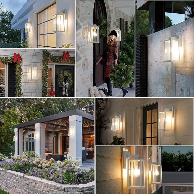 MAXvolador Outdoor Wall Sconce, Exterior Waterproof Lantern Light Fixtures, White Porch Light Toughened Glass, Anti-Rust E26 Patio Lighting, 2 Pack | White Porch Wall Lights, Anti-Rust, E26 Socket, Clear Glass Outside Wall Mount Sconces, Front Door Lig...