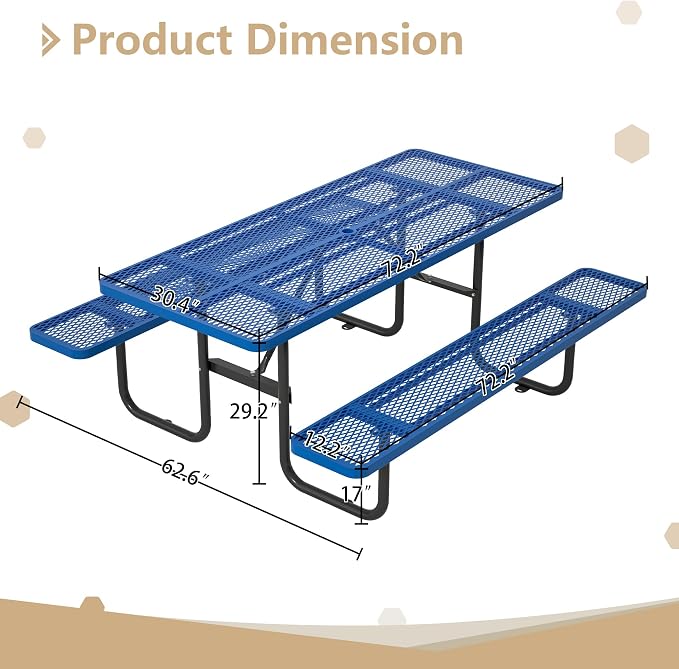 72'' Rectangular Metal Picnic Table with 1.73" Umbrella Hole, Heavy Duty Steel Mesh Table Set, Weather Resistant Sturdy Outdoor Furniture, for Patio, Garden, Courtyard & BBQ, Blue