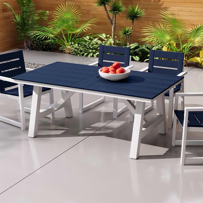 Costaelm Outdoor Dining Tables for Patio, 72" Rectangle 6-Person HDPE Dining Table with Umbrella Hole and Metal Frame for Outside, Garden, Poolside, Backyard, Porch, Balcony, Navy Blue