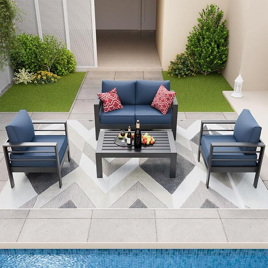Amopatio Aluminum Patio Furniture, 5 Pieces Metal Outdoor Furniture Set, Outdoor Sectional Modern Sofa Sets with Coffee Table for Pool, Garden, Dark Grey&Blue (Included Waterproof Covers)