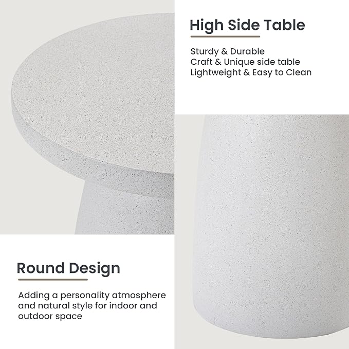 HOMPUS Outdoor Side Table, Concrete Side Table Faux Stone Hourglass Shaped, Patio Round Accent Table, Lightweight MgO Circular Coffee Table Garden Tool for Home Decor, Porch and Deck, Spotted White