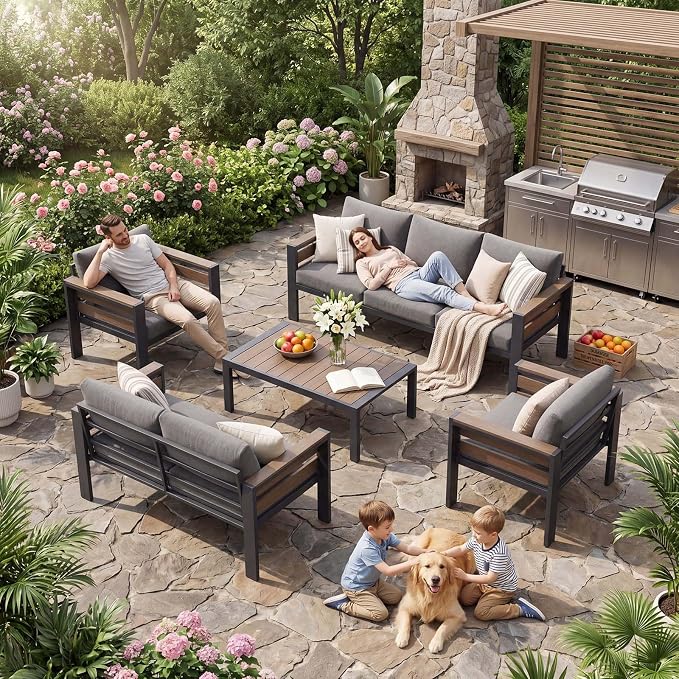 DoCred Aluminum Patio Furniture Set, 5-Piece Modular Patio Conversation Set with Widened Armrests and Thickened Cushions, Metal Outdoor Furniture Set for Porch, Balcony, Deck, Yard, Poolside