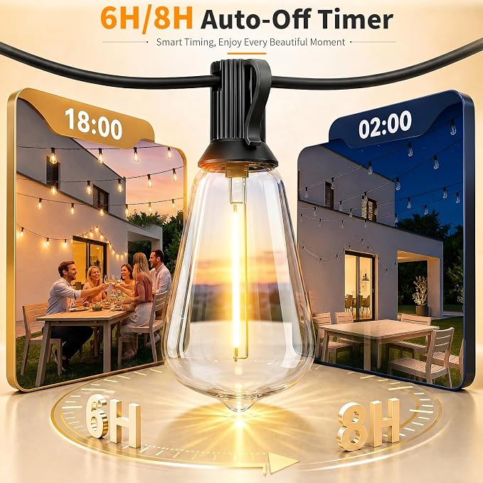 Hotsonic Remote Control Outdoor String Lights Waterproof, 100FT LED Outside Lights with Shatterproof Bulbs, Dimmable Hanging Light 3 Modes for Patio Porch Garden pergola Yard House Bistro Party decors