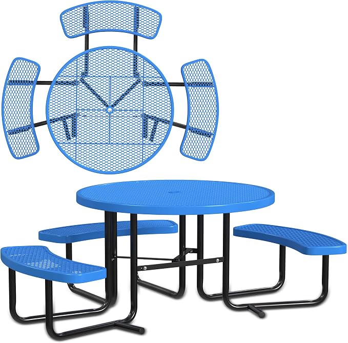 Leisure Craft Metal Picnic Table with Bench - 46" Round Outdoor Dining Table with Umbrella Hole, Heavy Duty Thermoplastic Coating, ADA Compliant, Commercial Grade Furniture Made in USA - Blue
