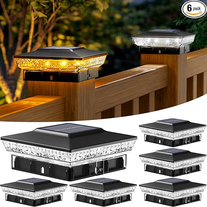 btfarm 4x4 Solar Post Cap Lights Outdoor, 2 Modes 16 LED Deck Fence Post Lights, 6 Pack Waterproof Solar Powered Lighting Outside Fit 4x4 3.5x3.5 Wooden/Vinyl for Porch Patio Garden, Black