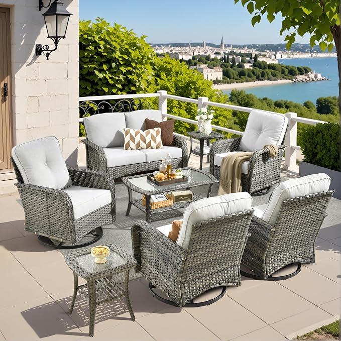 8 Piece Wicker Patio Furniture Set with Swivel Chairs, Light Gray | 4 Swivel Rocker Chairs, High Back Loveseat Sofa, Coffee Table, Rattan Outdoor Conversation Set, Porch Deck Backyard Poolside