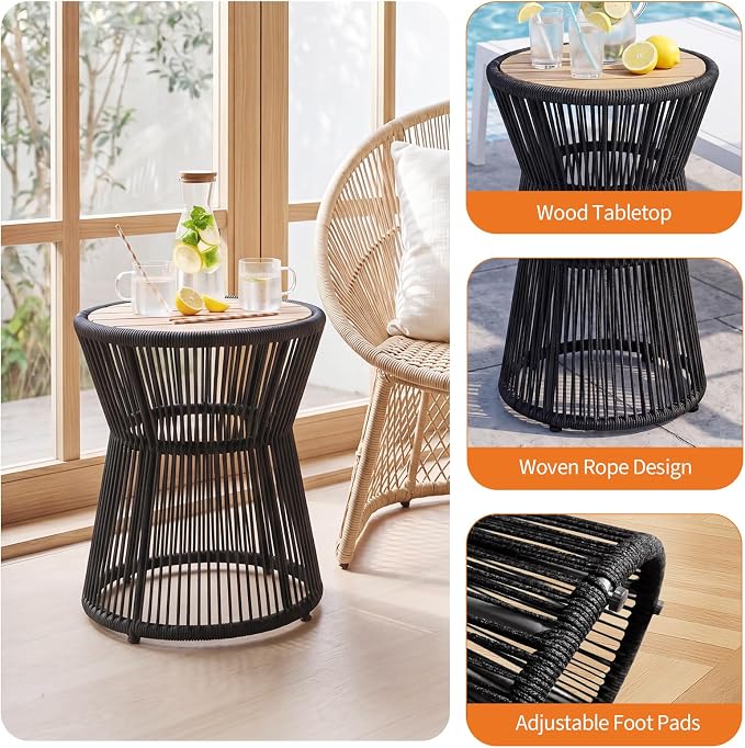 TrailBlaze Modern Woven Rope Outdoor Side Table – Round Patio End Table with Wood Top – Durable Accent for Balcony, Backyard, Poolside – Black + Natural Wood, Diameter 16in Height 20in, Color: Black +