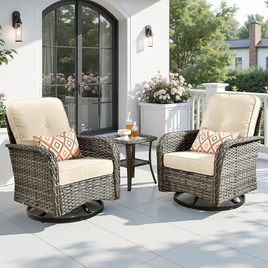 3 Pieces Patio Furniture Set, High Back Outdoor Swivel Rocker Chairs, Wicker Outdoor Furniture with Swivel Rocking Chairs and Side Table for Porch, Backyard, Balcony, Beige