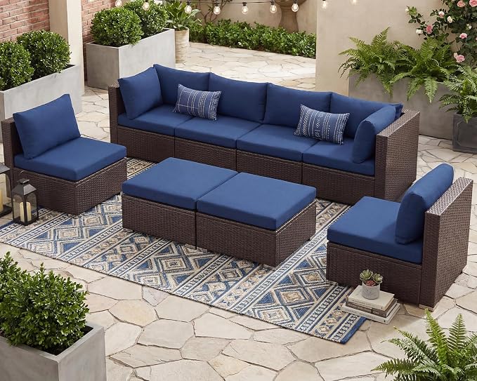 NICESOUL 8 Person Modern Deck Furniture Set, 29.3'' High Back Comfy Outdoor Sectional Sofa Set, Extra Large Wicker Patio Conversation Seating Sets for Terrace, Brown Rattan and Navy Blue Cushion