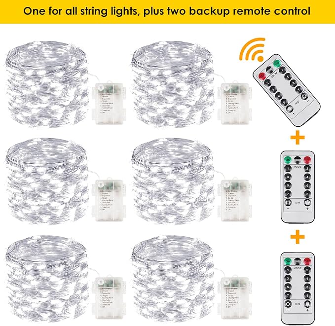 6 Pack Fairy Lights Battery Operated with Remote 33FT 100 LED Cool White | Remote Control, 8 Modes, Timer, Adjustable brightness, Waterproof Lights for Indoor Outdoor Classroom Christmas Decor