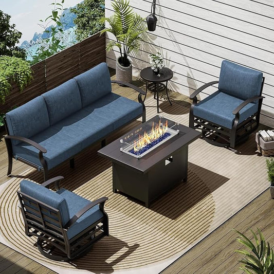 Patio Furniture Set 5-Piece Aluminum Armrest Sofa, Modern Outdoor Living Room Set with 55000 BTU Propane Aluminum Fireplace, Outdoor Rotary Joystick with Thick Cushion