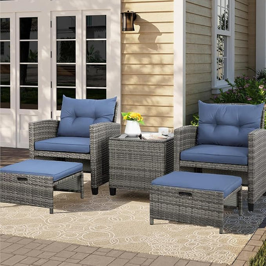 Vongrasig 5 Piece Patio Furniture Set, Small Balcony Furniture, PE Wicker Rattan Patio Chairs Set of 2, Outdoor Lounge Chairs with Cushions Ottomans &Glass Table for Porch Garden(Navy Blue)