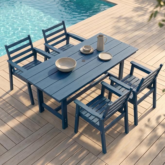 5 Piece HDPE Outdoor Dining Set for 4, Patio Dining Furniture Set with 2” Umbrella Hole, Weather Resistant Outdoor Table and Chairs for Garden, Poolside, Backyard, Deck