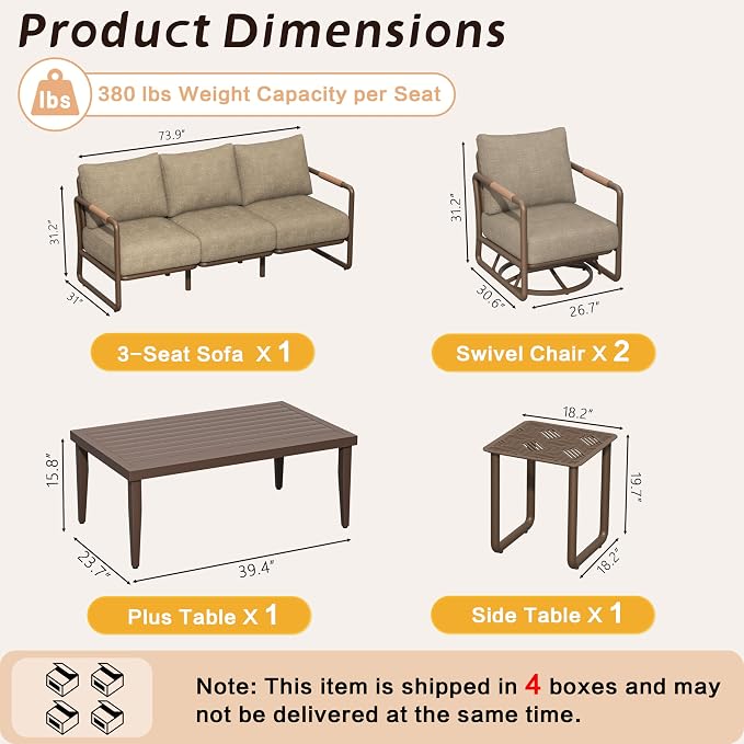 5-Piece All-Weather Aluminum Patio Conversation Set, 2 Swivel Rocking Chairs, 3-Seat Sofa & Rectangular Coffee Table for Pool, Garden, Balcony, Brown