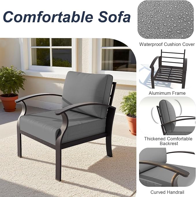 ALAULM Aluminum Patio Furniture Set with Round Coffee Tables, 5-seat Outdoor Sectional Furniture w/5.1" Cushions, Patio Conversation Set for Porch, Backyard, Poolside-Grey