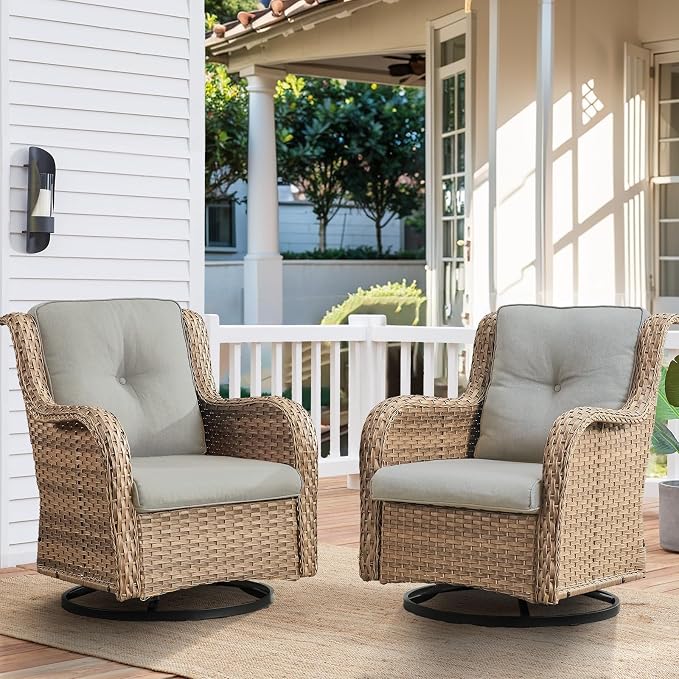 HUMMUH Outdoor Swivel Rocker PE Wicker Patio Chairs Set of 2, Rattan Rocking Chair Furniture Set (Yellow,Beige)