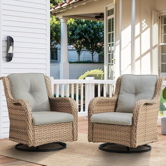 HUMMUH Outdoor Swivel Rocker PE Wicker Patio Chairs Set of 2, Rattan Rocking Chair Furniture Set (Yellow,Beige)