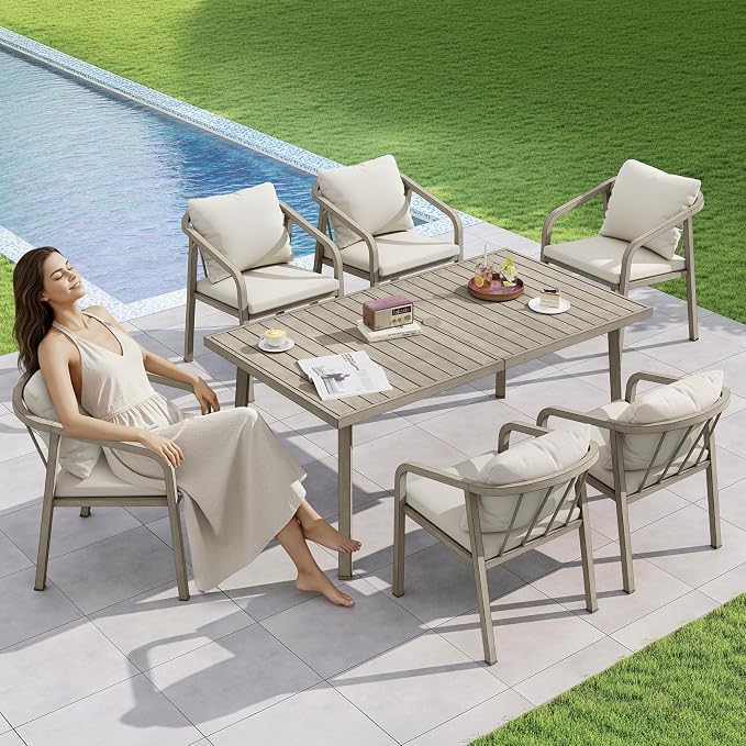 63"x35" Never-Rust Aluminum Outdoor Dining Table – Rectangular Patio Table for 6 with Umbrella Hole, Heavy Duty All-Weather for Poolside, Garden, Backyard, Porch, Deck, Gray Oak
