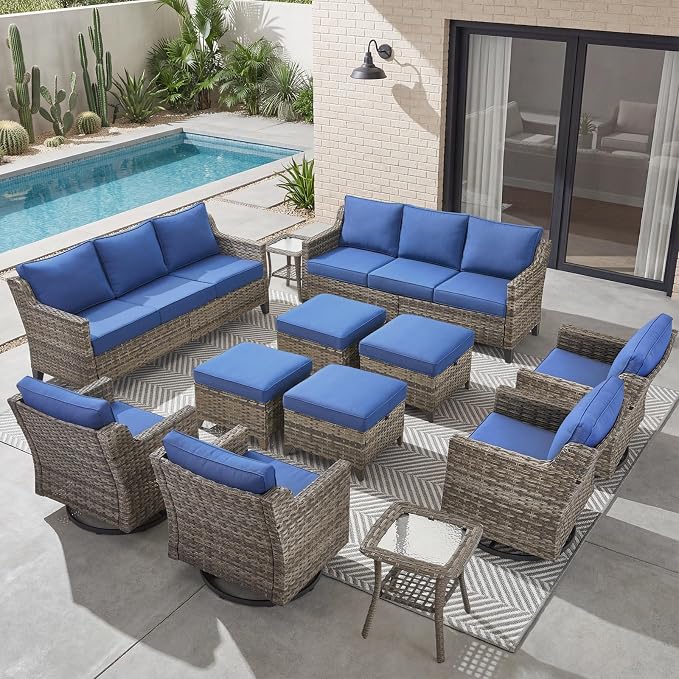 Belord Patio Wicker Swivel Rocker Patio Chairs with 3-Seater Sofa, Outdoor Rattan Chairs for Deck Porch Poolside, 12 Piece Patio Conversation Furniture Set,Blue